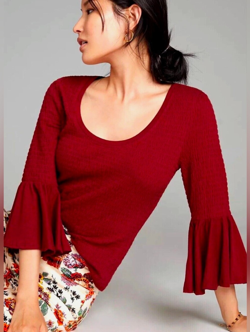 Anthropologie Burgundy Smocked Scoop Neck Bell Sleeve Top | Size M